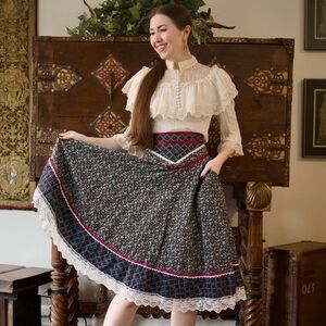 Gunne Sax 1970s Vintage Dark Forest Floral Prairie Midi Skirt XS Size 5